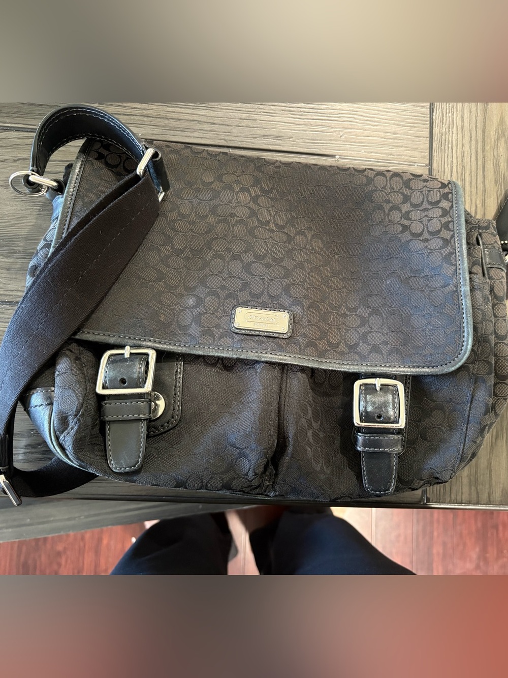 Coach Black Signature Canvas Messenger Bag with Leather Trim